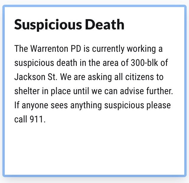 Warrentown PD released this announcement to residents in a 300 block radius of Jackson Street.