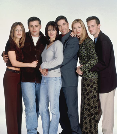 The cast of television show "Friends" wearing typical 90's fashion. A trend coming back into the fashion world for teens.