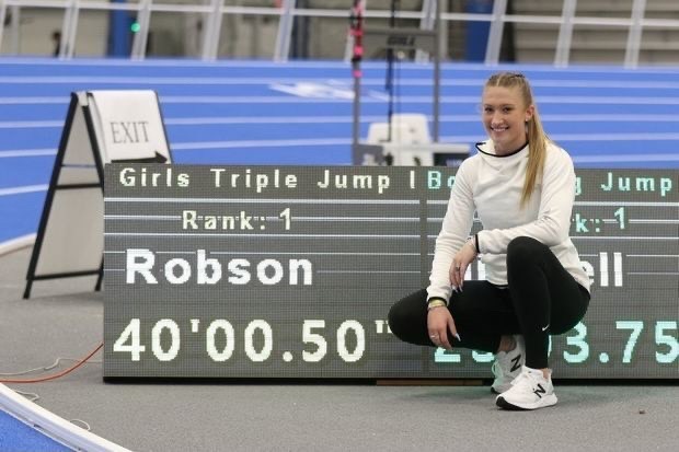 Stephanie Robson sets a personal record for herself of 4000.50 in the triple jump category of the VA Showcase.