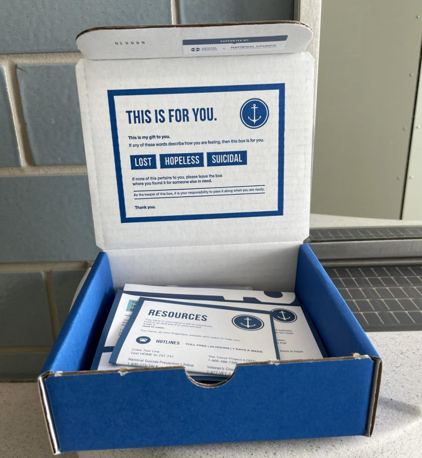 The blue boxes contain various cards and items to support those who may be experiencing depression and/or suicidal thoughts.