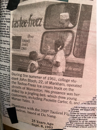 Lined on every page of Ms.Gibsons bible are photos of her loved ones. This newspaper cut out shows her family member, Marian Yates. Gibson fondly remembers the ice cream truck and the local general store on Frytown Road.