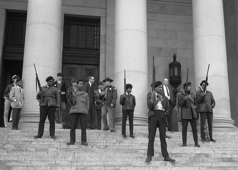 Photo of the Black Panther Party's armed protest against the Mulford Act in 1967.