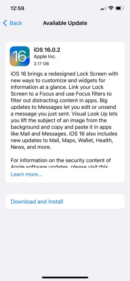 Screenshot of the information that comes with the iOS 16 update