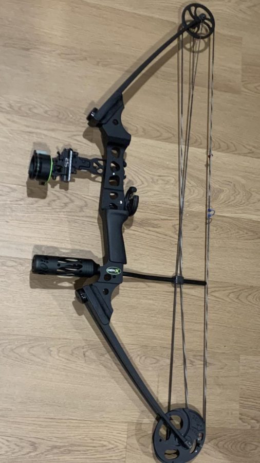 This picture of my compound bow shows a sight, a nocking point, a rest, and a stabilizer