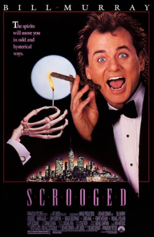 Bill Murray stars in 80s film Scrooged, a spin-off of A Christmas Carol, as a grouchy television producer that ruins Christmas.