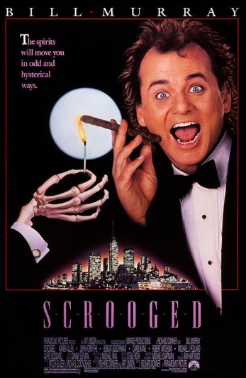 Bill Murray stars in 80's film "Scrooged", a spin-off of "A Christmas Carol", as a grouchy television producer that ruins Christmas.