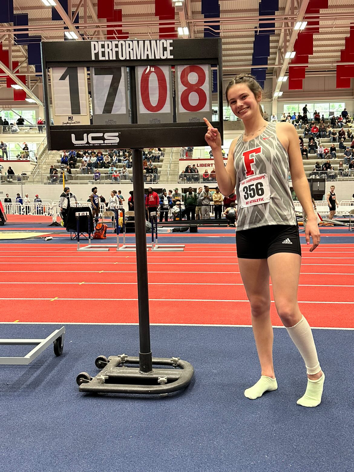 Evie Goetz after a long jump in a competition.