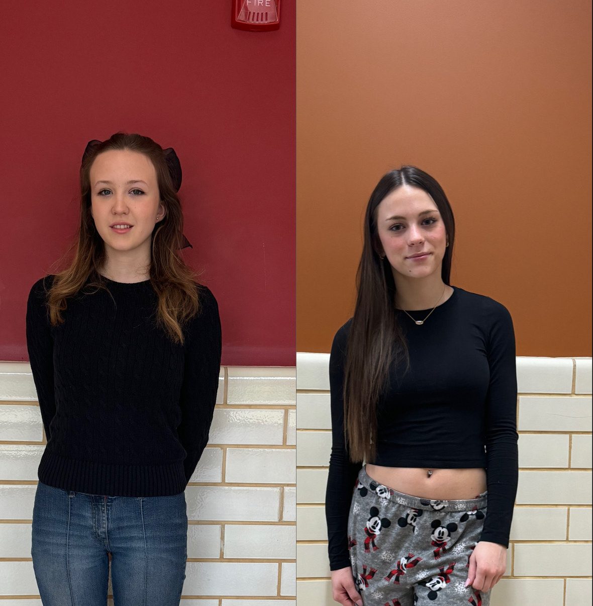 From pajamas to sweaters, students in American schools represent a variety of different fashion styles, as shown by senior Sofie Gerleit and freshmen Chyanne Dusseljee.