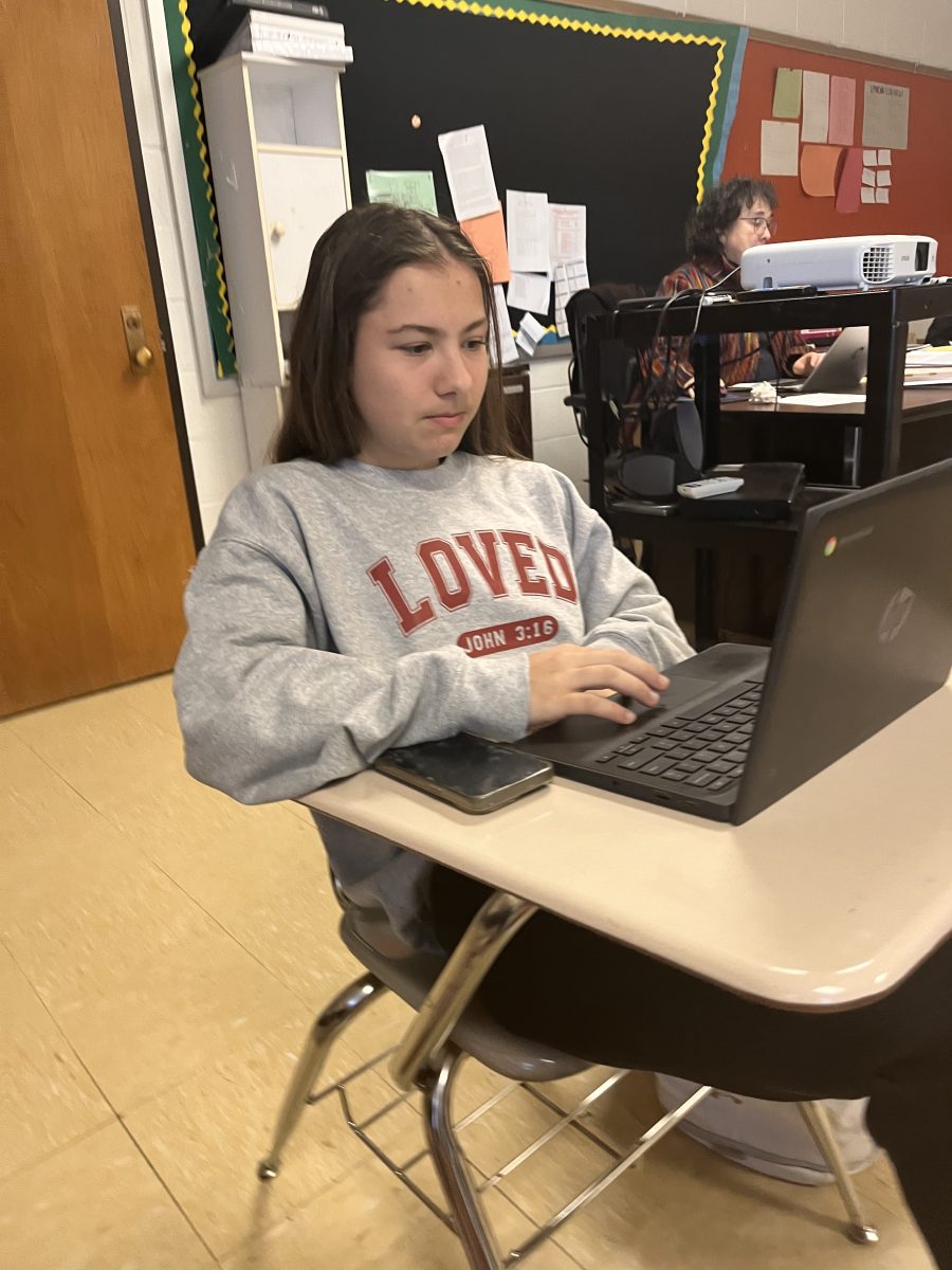 Freshman Gracie Bobak works on her laptop.