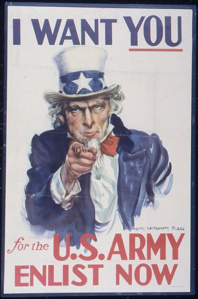 A famous poster promoting military service from WW1. Current conflicts could cause the draft to return.