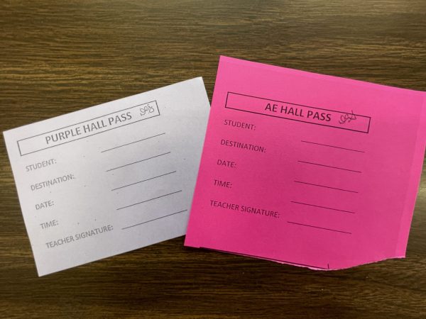 The new AE pink hall passes compared to the old purple hall passes.