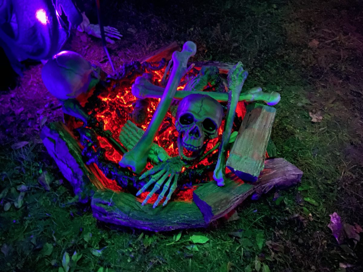 Spooky props decorate a neighborhood house for the upcoming Halloween season. 