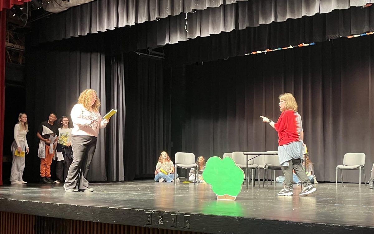 Junior Annie Gentry (left) and Senior Kambri Durand (right) practice in the auditorium for their upcoming roles in "Once Upon a Crime: The Trial of Goldilocks."