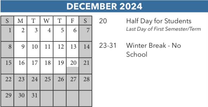 FCPS1 December calendar, showing a shorter winter break for 2024-2025.