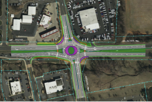 An aerial view of the roundabout depicts the construction plan on Lee Highway and Blackwell Road.