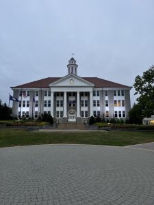 James Madison's Wilson Hall standing proud at dusk.