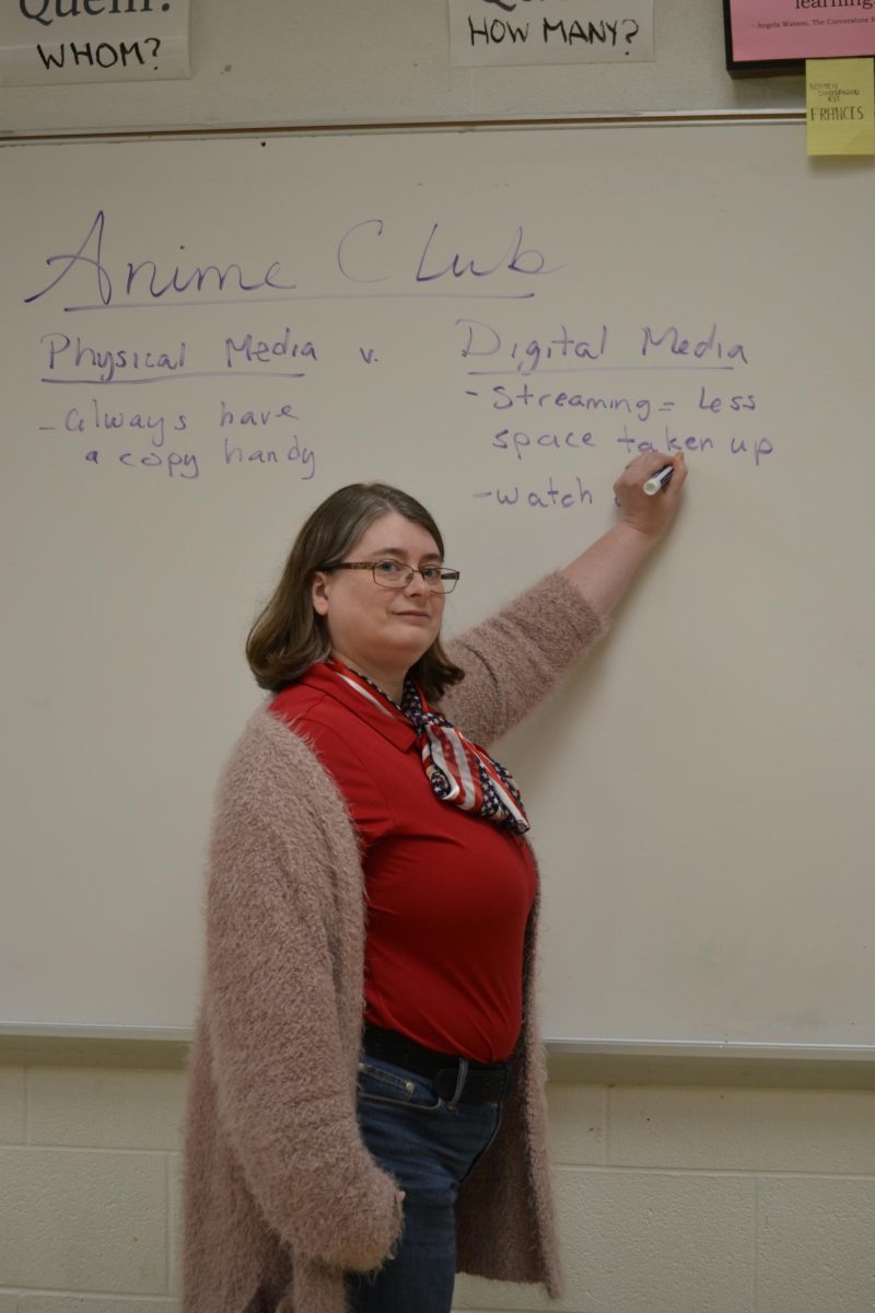 Kathleen Fowler leading the discussion on physical vs. digital anime media at the Anime Club.