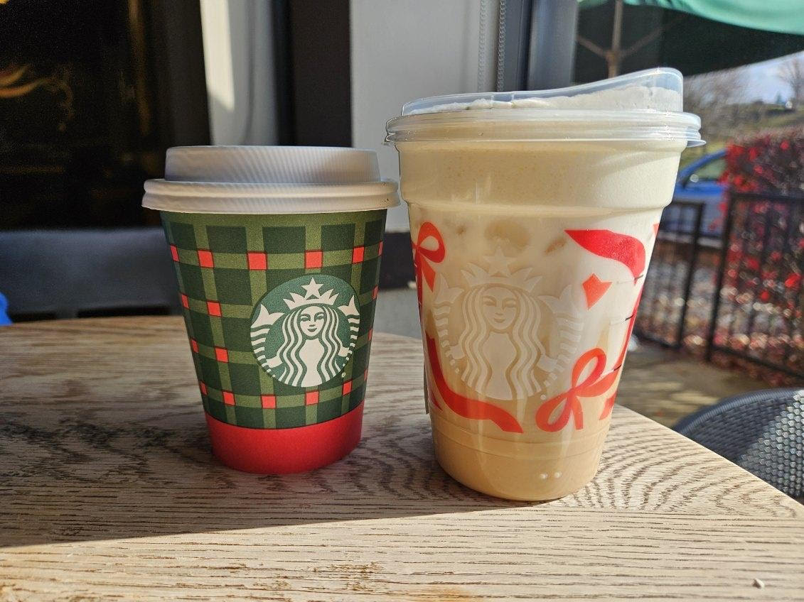 Starbucks new holiday drinks stand out with notes of peppermint and gingerbread, held by ribbons of red and green. 