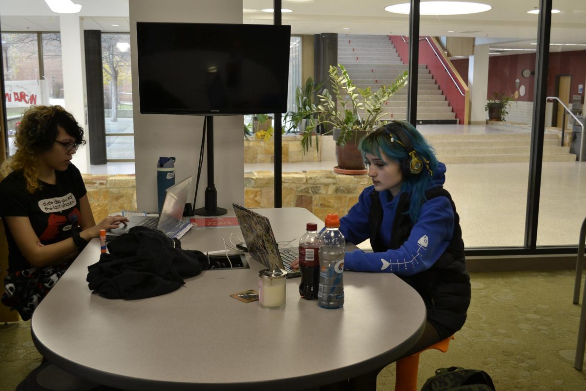 Two students independently studying in the library. 